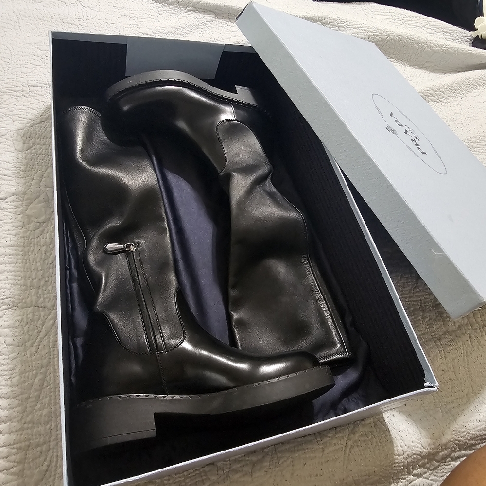 Prada Stretch Leather Tall Black Boots Size 37 - Picture 8 of 16